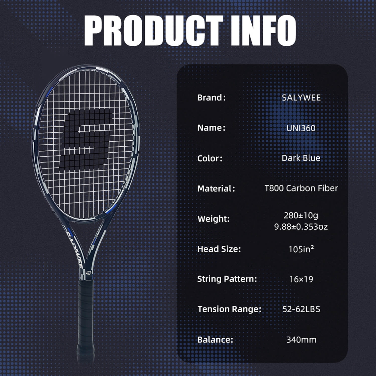 SALYWEE UNI360 Power Tennis Racquet, T800 Full Carbon Fiber Adult Recreational Tennis Racket, Lightweight 280g Unstrung, 105 sq.in., 16x19 String Pattern, Professional One-Piece Molding, Men & Women