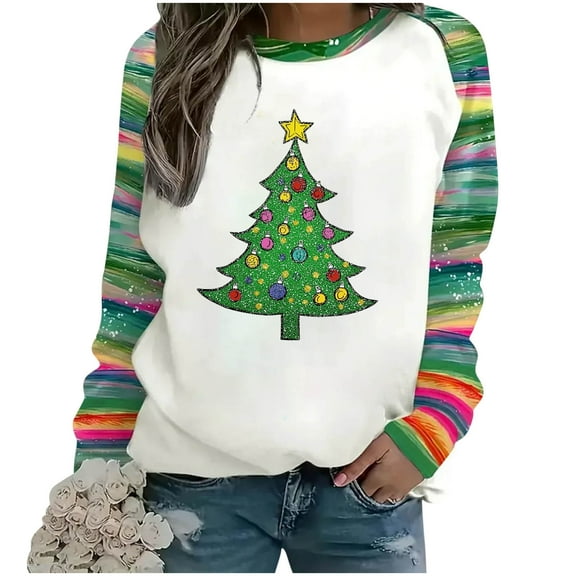 Christmas Sweatshirt for Women Long Sleeve Striped Pullover Casual Holiday Tops Xmas Tree Print Crewneck Shirt