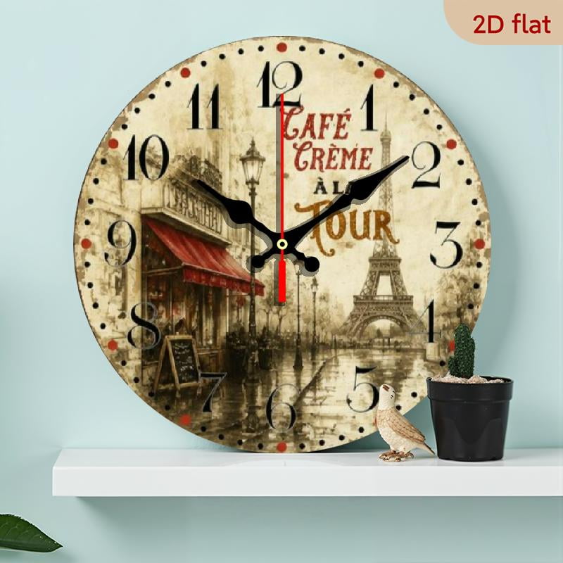 Eiffel Tower Paris Cafe Theme Wall Clock, Vintage French Country Style Decorative Timepiece for Living Room, Bedroom, Kitchen, Ideal Gift for Friends and Family 10*10in