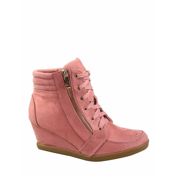 Peggy-56 Women's High Top Fashion Round Toe Lace Up Wedge Sneaker Shoes ( Dusty Pink, 7 )