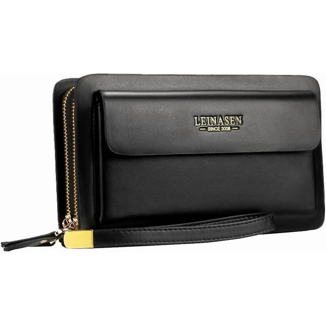Business Men's Clutch Bag High Capacity Leather Wallet Double Zipper Long Purse
