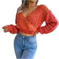 thumbnail image 2 of Womens Fall Winter Colorful Long Sleeve V Neck Open Navel Sweater Plus Size Long Pullover Sweater Red M, 2 of 8