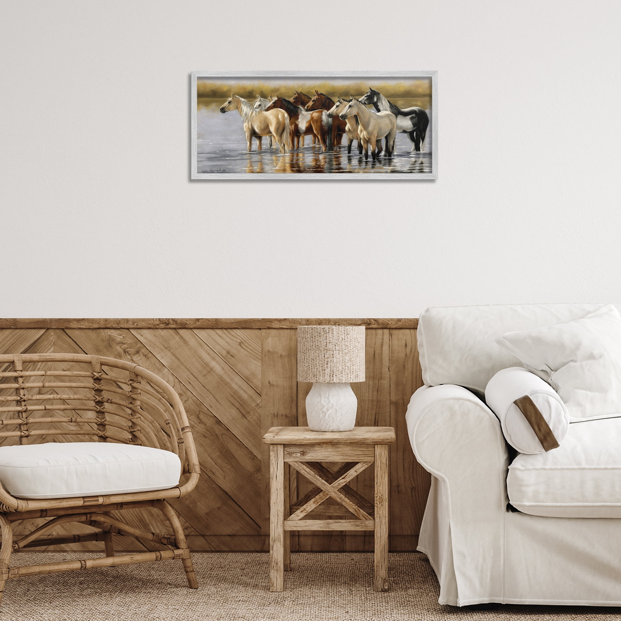 Stupell Industries Horse Herd Splashing Animals & Insects Painting Gray Framed Art Print Wall Art, 24 x 10