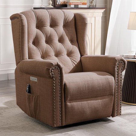 MEETWARM Power Swivel Rocking Glider Recliner Chair with Heat and Vibration, Electric Rocker Nursery Reclining Chair, Wingback Tufted Upholstered Recliner for Living Room, Type-C & USB Ports (Brown)