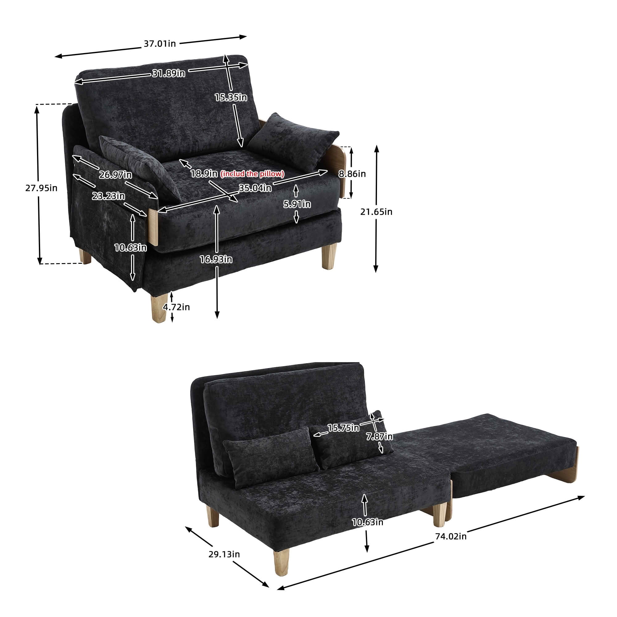 MAYEERTY Mid-Century 3-in-1 Sofa Bed, Foldable Convertible Sleeper Couch with Pillows for Small Bedroom & Apartment