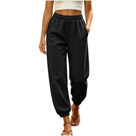 ZHYou No Boundarie Womens Fleece Sweatpants Side Button Cuffed Leg Elastic High Waist Thick Casual Pants with Pockets,Black,Size M