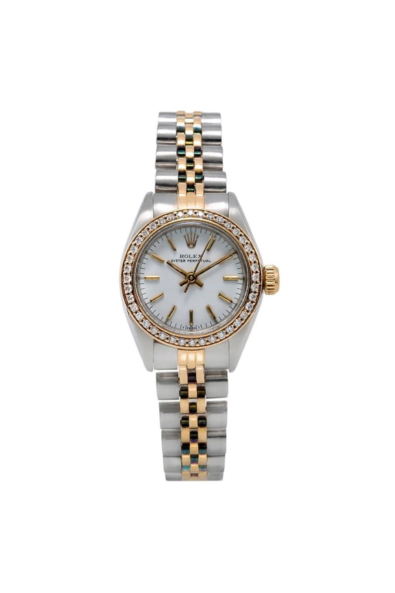 Pre-Owned Rolex Oyster Perpetual 26MM 67193 White Dial Diamond Bezel Two Tone Yellow Gold Jubilee Bracelet 0.8ct