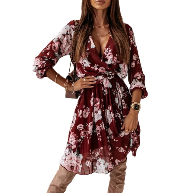 Sunloudy - Vestido de manga larga para mujer, estilo vintage, con estampado de flores, cuello en V, plisado, de longitud media, con cinturón Sunloudy S M L XL