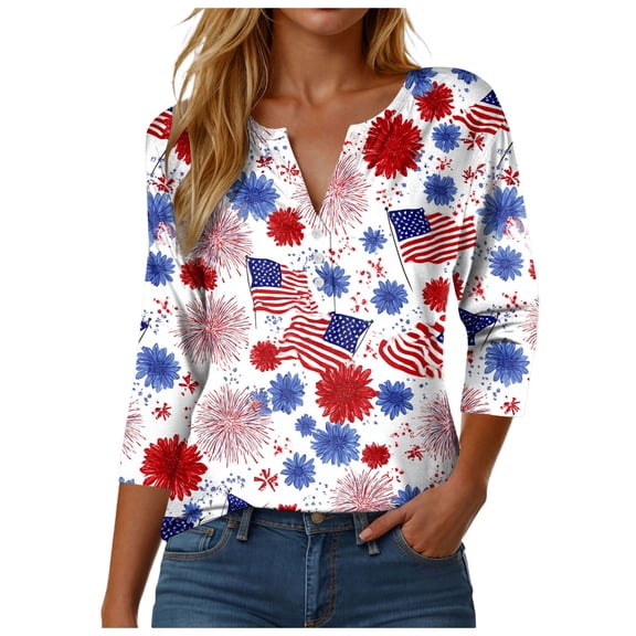 vigerkar 4th of July Shirts for Women Henley V Neck Button 3/4 Sleeve Tops Independence Day American Flag Patriotic T Shirts (Red, S)