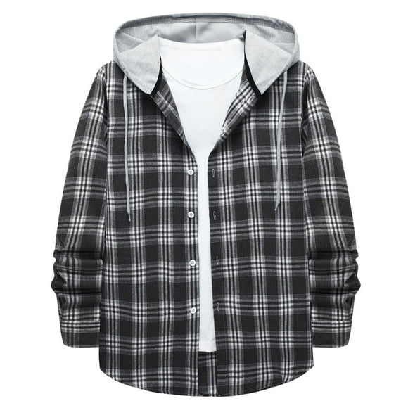 Ccpelsie Men's Flannel Shirt Plaid Hoodie Fall Casual Button Down Shirt Jackets Long Sleeve Stylish Hooded with Pockets(A-Grey,2XL)