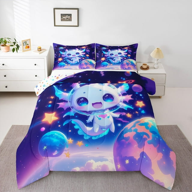 Erosebridal Ensembles de Literie Girly Bleu Axolotl Simple avec Couette, Insert de Couette Planète de l'Espace, Ensembles de Couette Réversibles Kawaii Animal Taille Simple, Décoration de Chambre Respirante, 2 Pcs