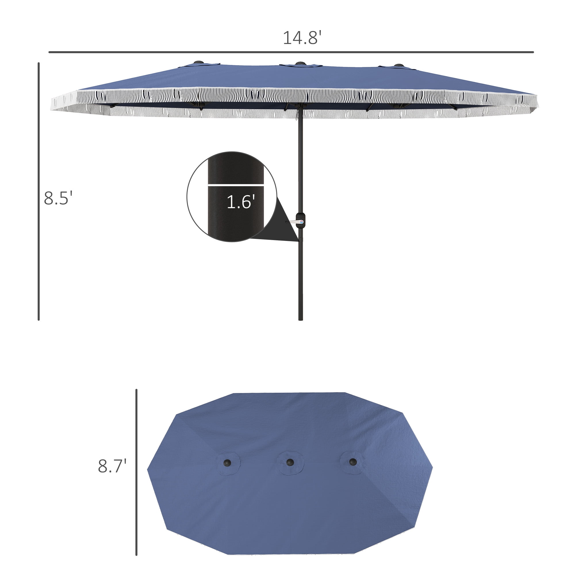 Outsunny 15ft Extra Large Patio Umbrella, UPF30+ Double-sided Rectangle Umbrella with Easy Crank Handle, 2 Vents for Garden Pool Lawn, Dark Blue