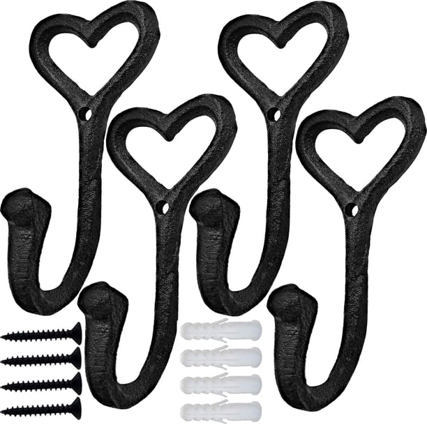 Ganchos para abrigos resistentes, 4 Uds. Ganchos de pared con forma de corazón de hierro fundido para colgar abrigos, ganchos negros sin óxido para bufanda, bolso, toalla
