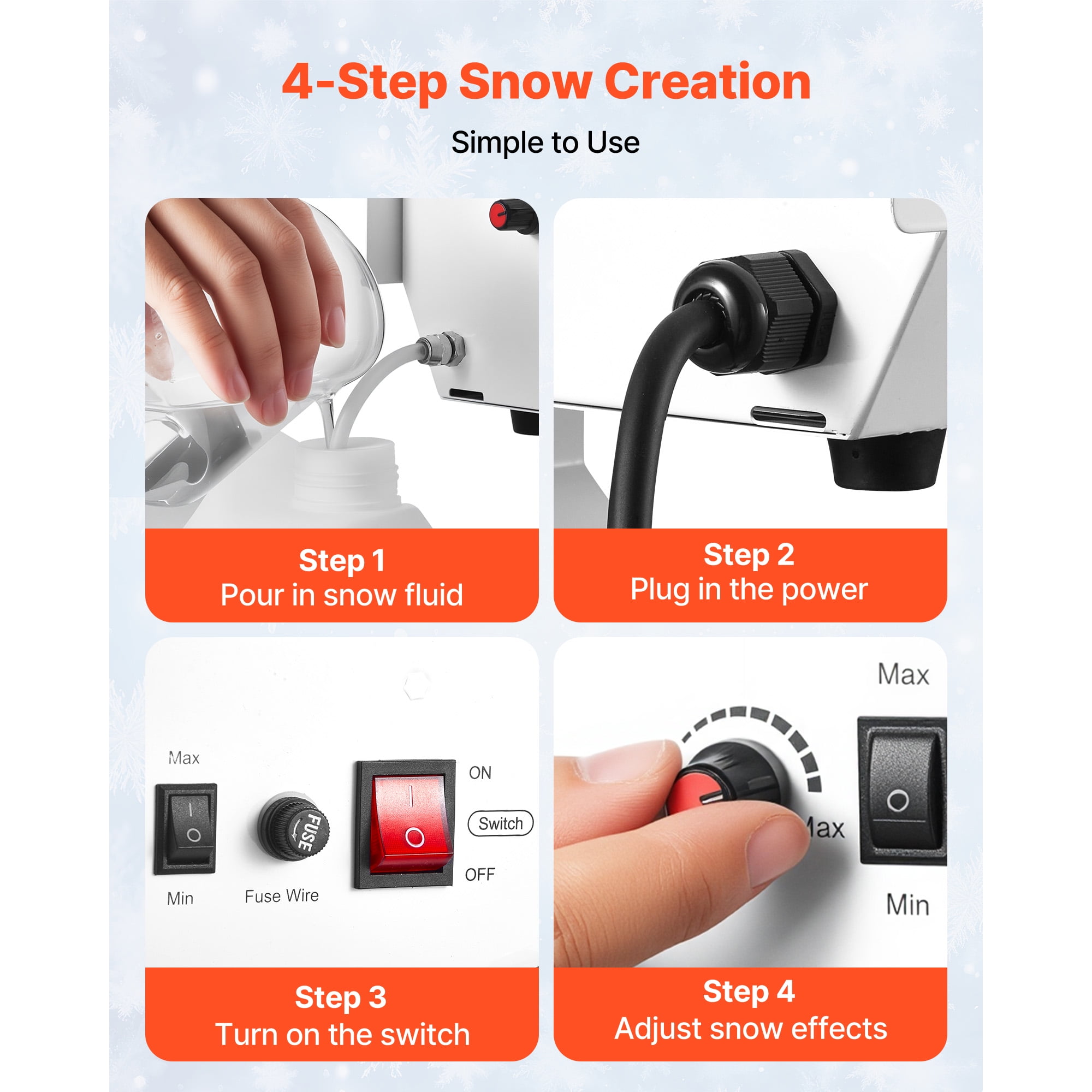 KFFKFF 1500W Snow Machine Snowflake Maker with Adjustable Stand for Holiday Parties & Events Q235 Steel PP 20.08"×23.62" White