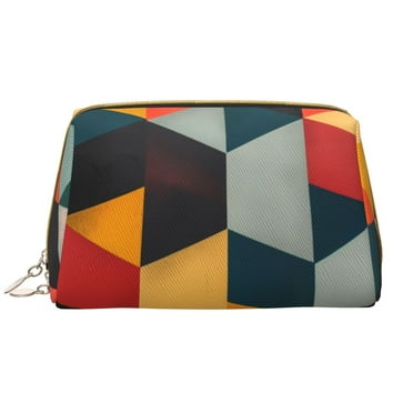 Easygdp Geometric Cube Pattern Art Leather Makeup Bag Zipper Pouch Travel Cosmetic Organizer for Women and Girls, Make up Bag with Zipper