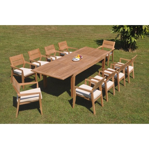 Grade-A Teak Dining Set: 10 Seater 11 Pc: 122" Caranas Double Extension Rectangle Table And 10 Vellore Stacking Arm Chairs WholesaleTeak #WMDSWVm