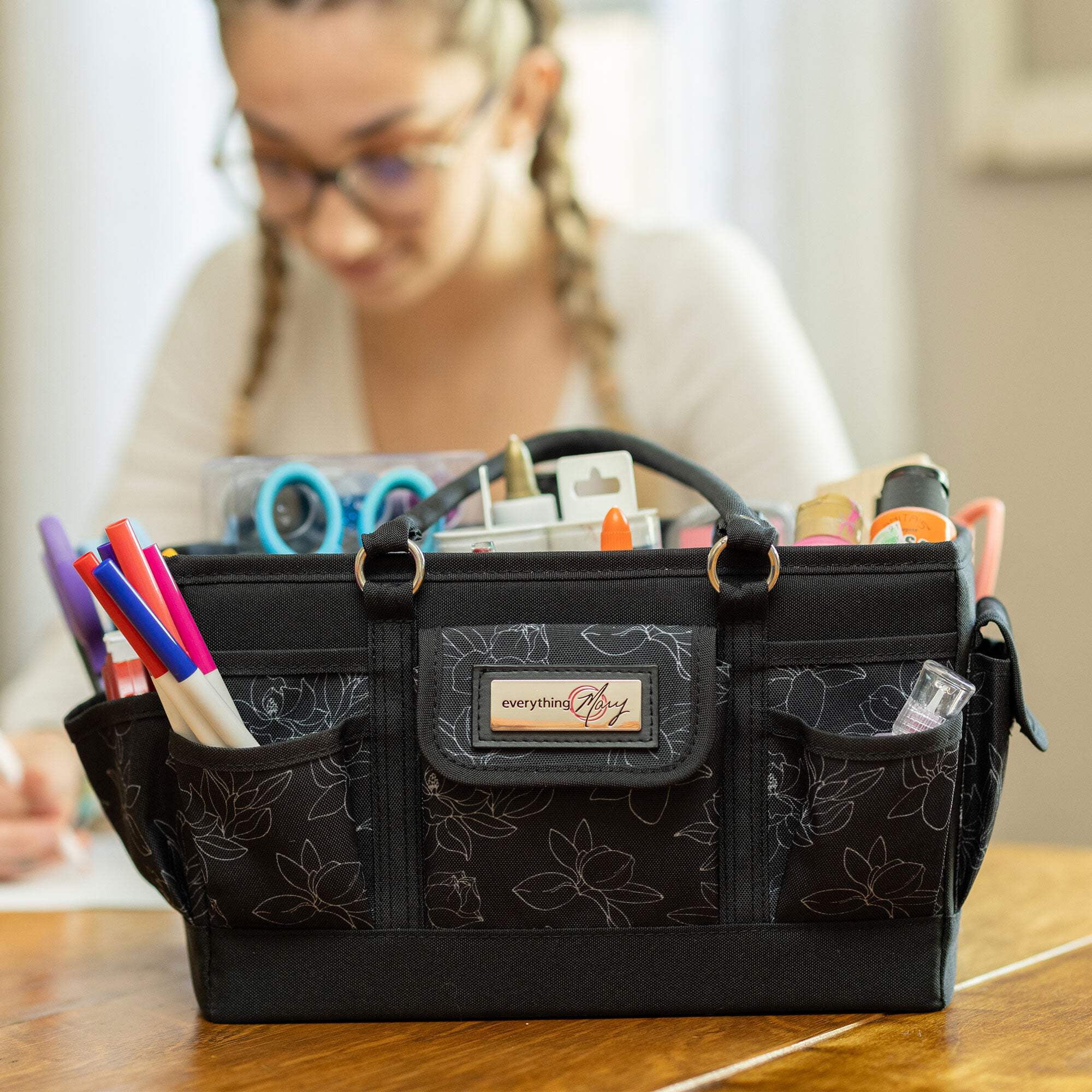 Deluxe Store  Tote Craft Organizer, Black  White Floral
