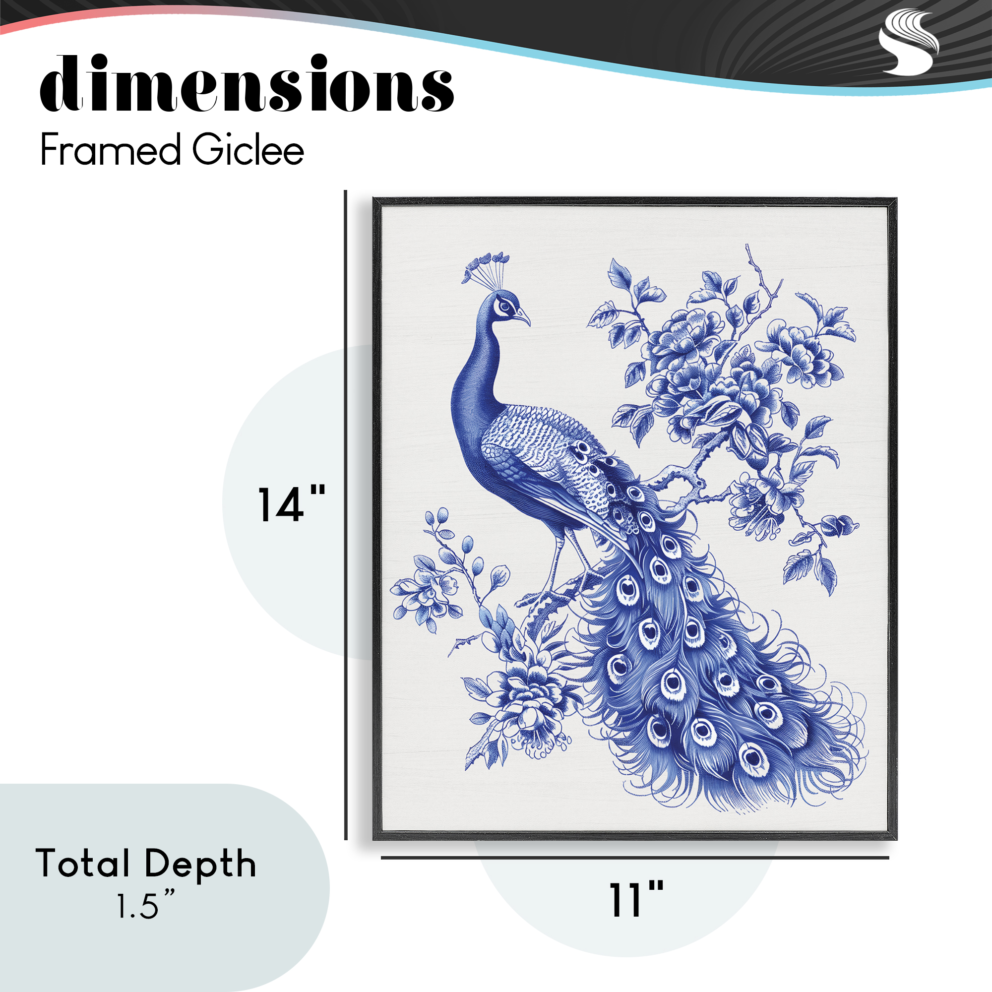 Vintage Peacock in Toile Style Black Framed Giclee Art, design by Lettered and Lined