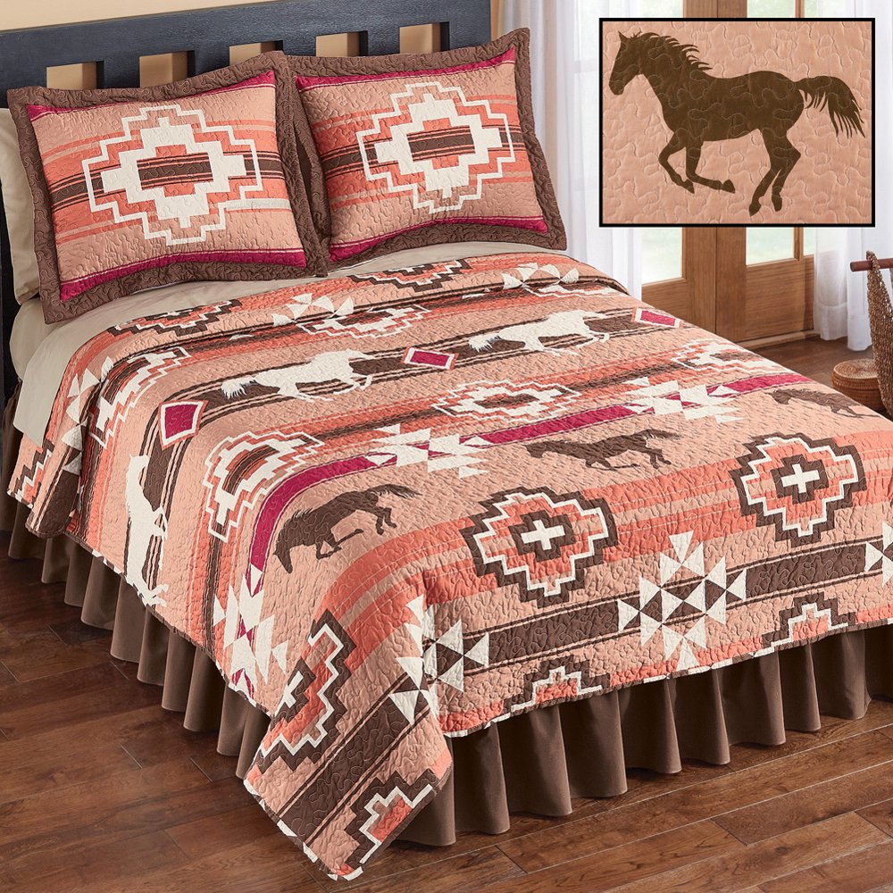 Southwest Native Aztec Terracotta, Brown & Burgundy Horses King Quilt