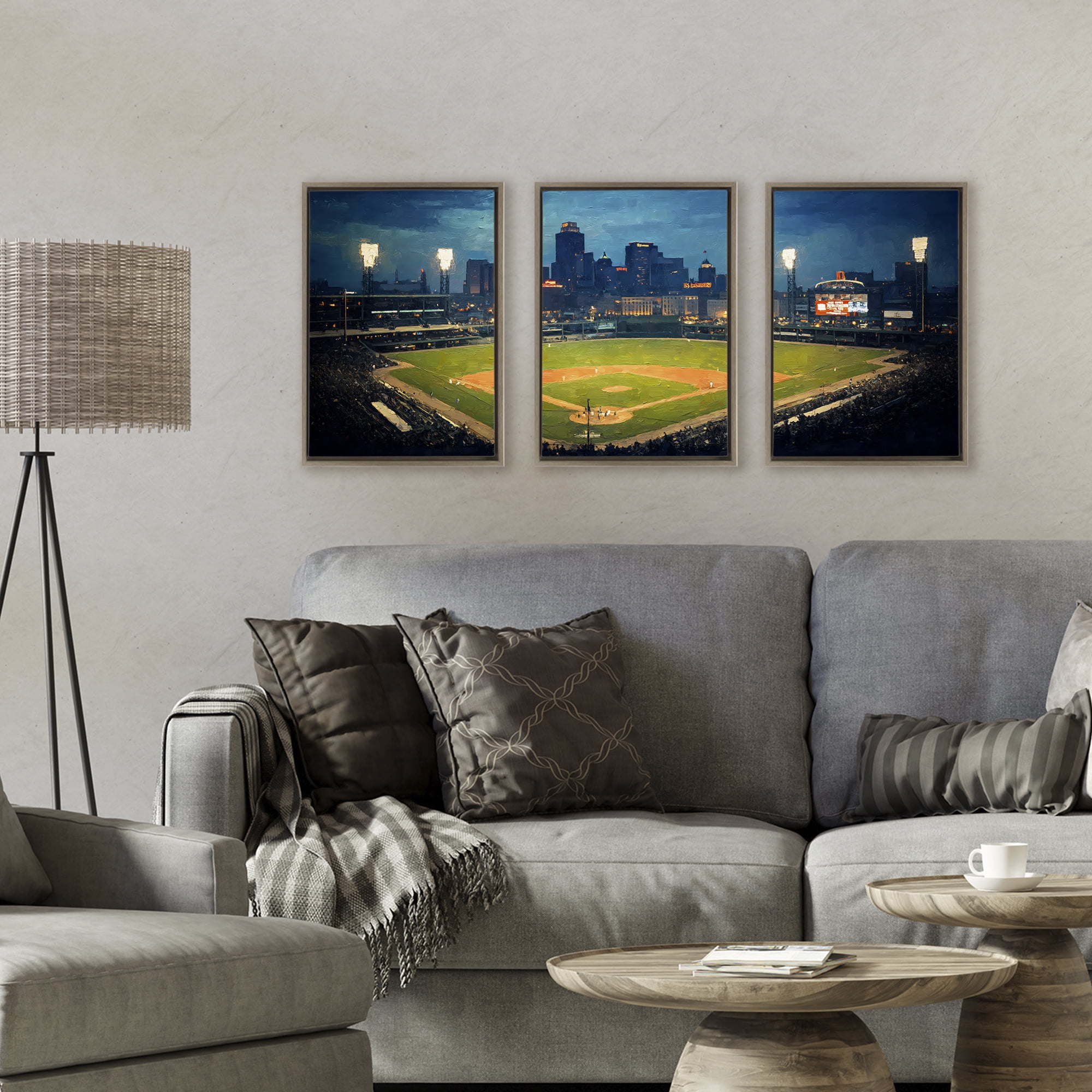 Stupell Industries Baseball Stadium Night View 3 Piece Brown Framed Floater Canvas Set, design by Arlington Prints