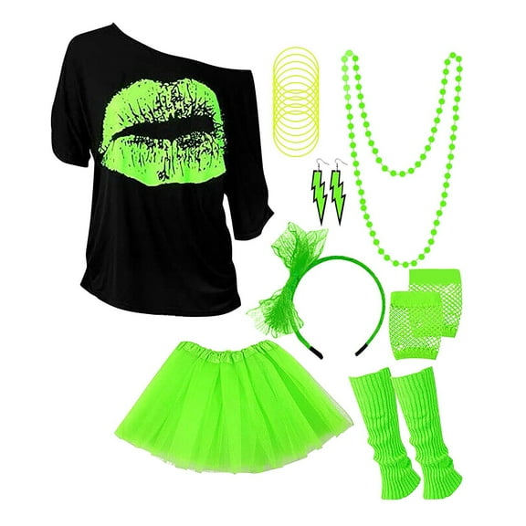 Green Womens Tops Women's Leisure Carnival Party Fishing Net Short Sleeved Earrings Necklace Leg Set Wrist Strap Glasses Headband Seven Piece Set Shirts for Women