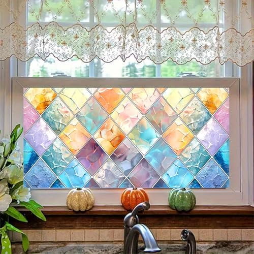 Rainbow Diamond Window Privacy Film 39.3x17.7 Inch Static Cling Frosted Glass Sticker Decorative Window Film UV Blocking Window Tint for Bathroom Kitchen