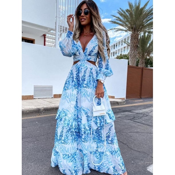 Mujer túnica playa cubrir 2022 verano Sexy cuello en V espalda descubierta ahueca hacia fuera la manga de la linterna Maxi vestido femenino Club fiesta vestidos largos Tan Jianjun unisex