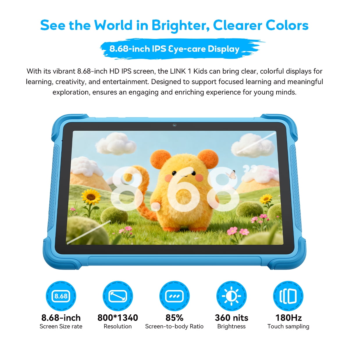 Blackview Link 1 Kids, Android 16 AI Children Tablet, 12GB+64GB(2TB External), 3 AI Smart Assistance, 8.68'' HD+ Screen, 5MP+8MP Camera, Google Kids Space+Parental Control, Dual BOX Speakers Blue