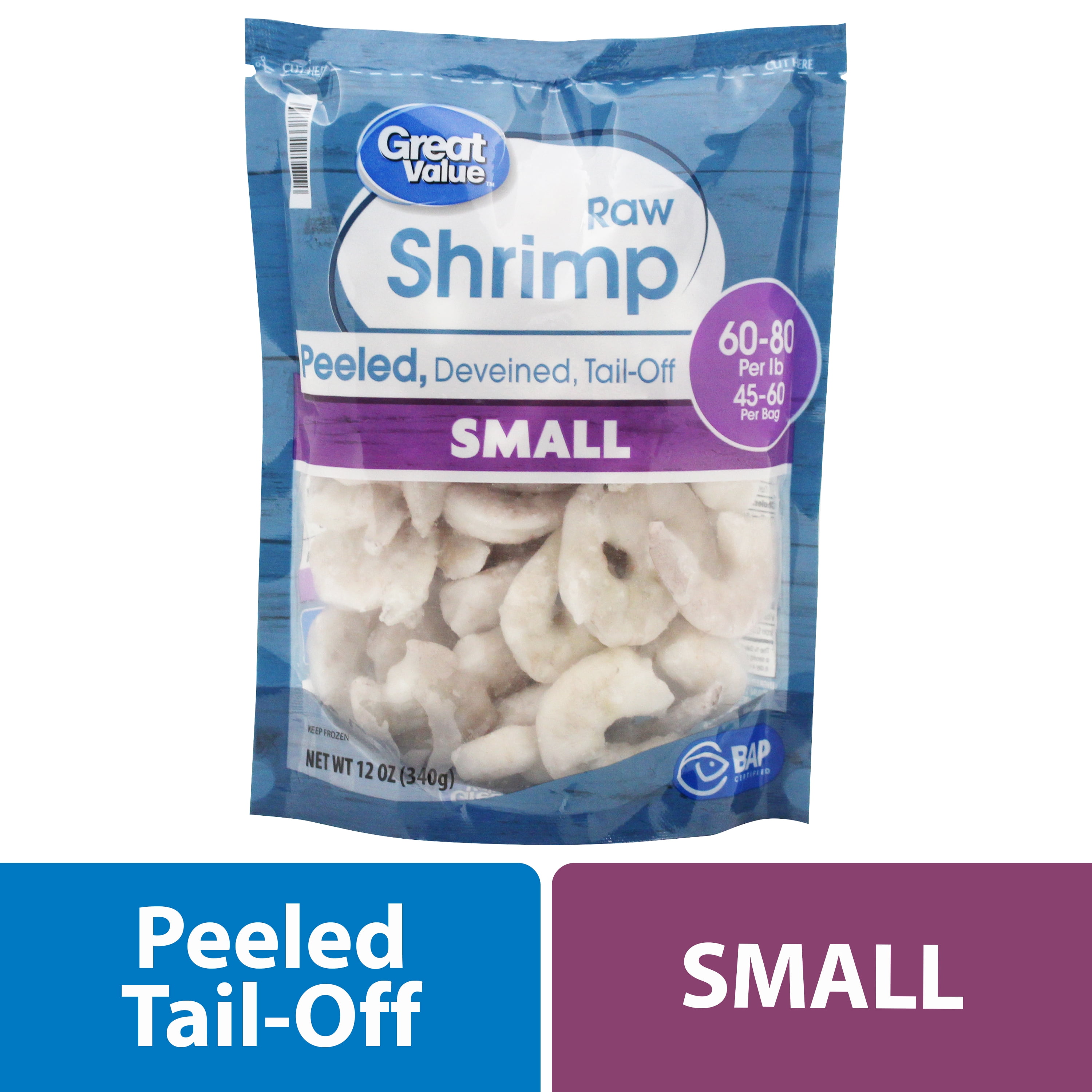 Great Value Frozen Raw Small Peeled & Deveined, Tail-off Shrimp, 12 oz (60-80 Count per lb)