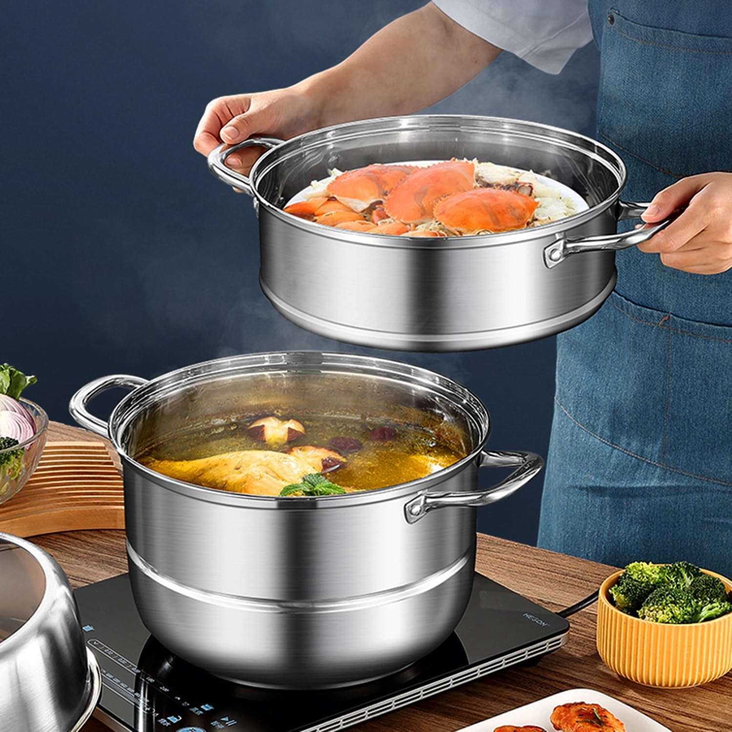Leyeet Steamer for Cooking, Food Grade Stainless Steel Steamer Pot, 11 inch Steam Pots with Glass Lid 2-tier for Cooking Vegetables, Seafood, Soups, Stews and Pasta Cooking Tool