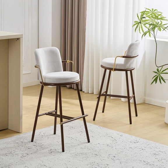 Chaya Indoor Upholstered Bar Stool with Metal Frame, Walnut Finished and Beige Upholstery, Set of 2
