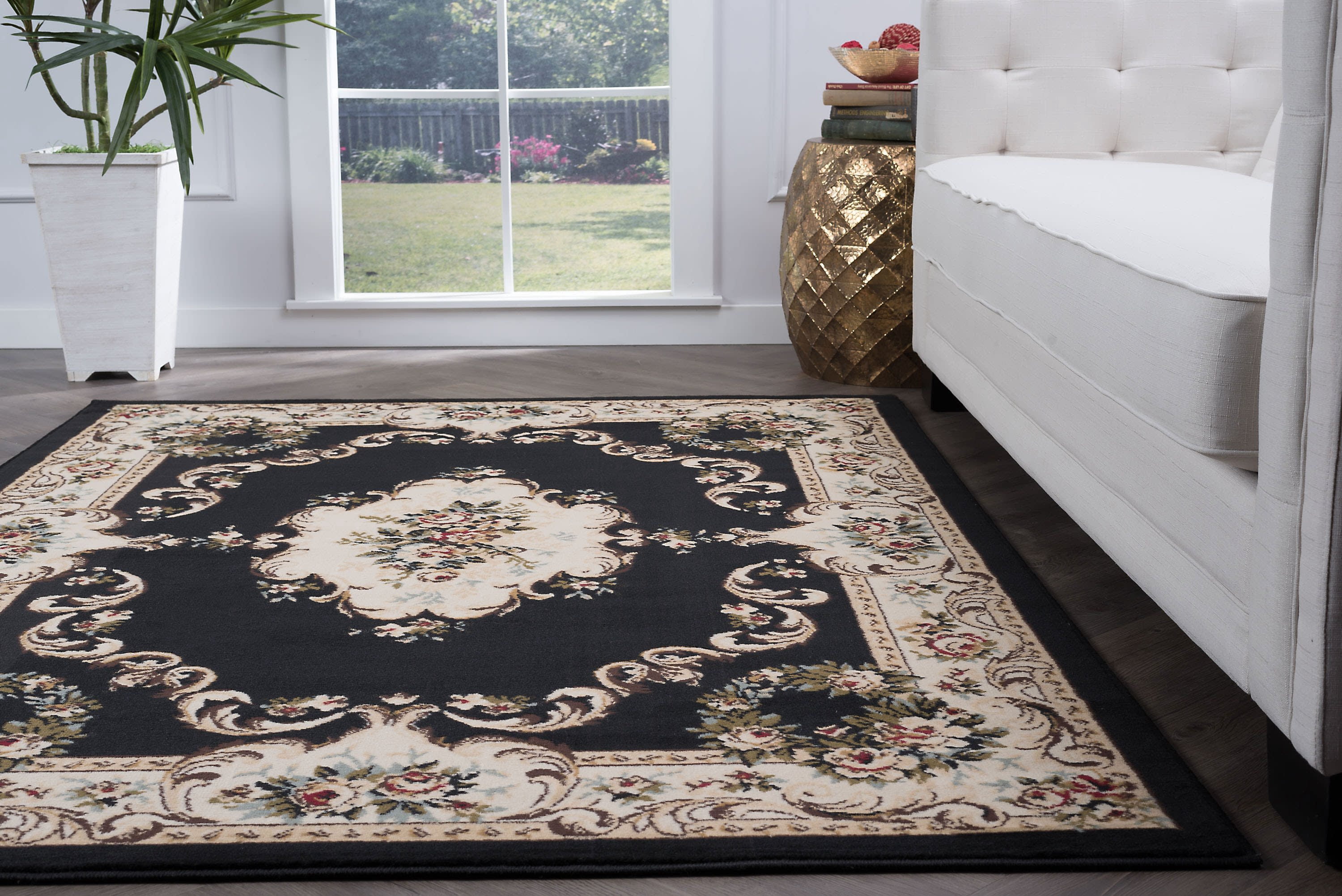 Traditional 9x13 Area Rug (9'3'' x 12'6'') Floral Black, Beige Living Room Easy to Clean