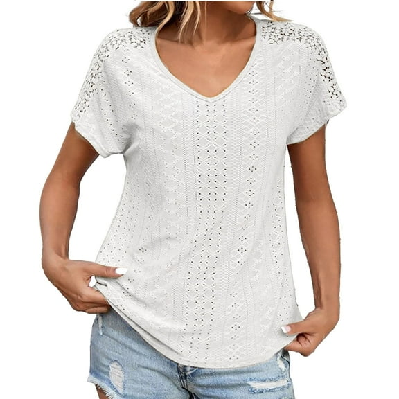 YOUSNH Women's V Neck Loose Top Temperament Commuting Short Sleeved T Shirt Womens Tops 2024 White M