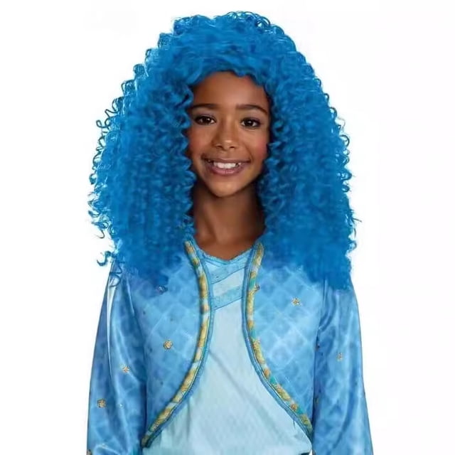 Peluca de cosplay azul rizado de 65 cm resistente al calor para niñas