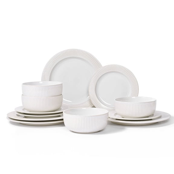BVIEAKD 12‑Piece Embossed Striped Ceramic Dinnerware Set, Service for 4, Microwave & Dishwasher Safe Plates and Bowls for Kitchen Dining