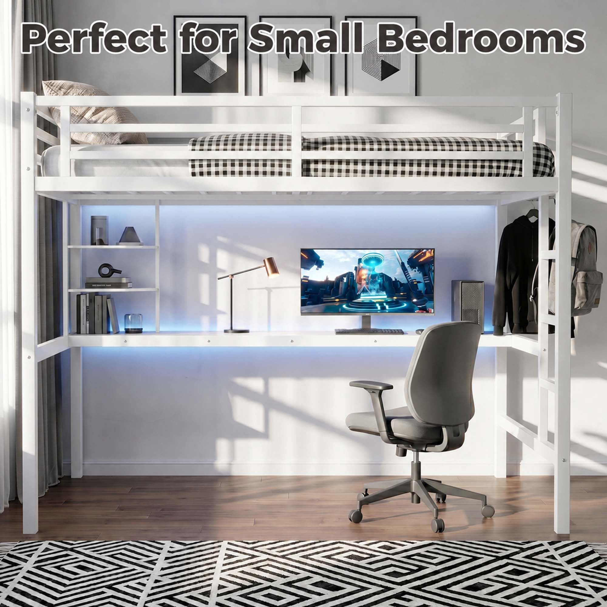 Miniyam Full Size Metal Loft Bed with Desk and Storage Shelf,Charging Station and LED Lights,White