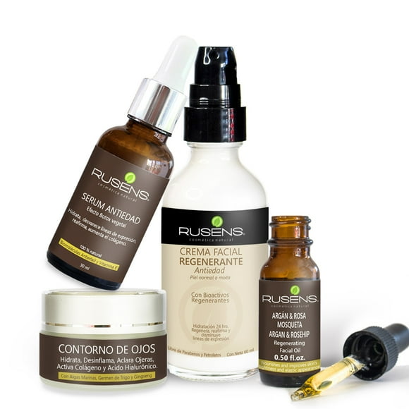 Kit Antiedad RUSENS Contiene Serum, Contorno de Ojos, Crema Regenerante y Aceite de Argán y Rosa Mosqueta