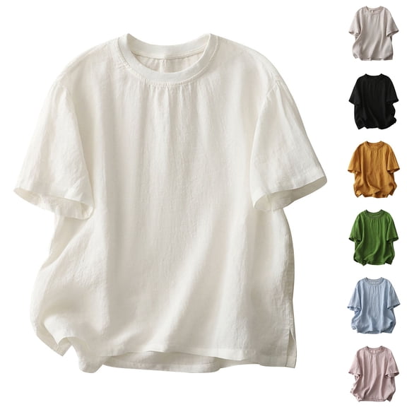 Women's Cotton Linen T Shirt Short Sleeve Ribbed Spliced Summer Casual Loose Pullover Top by Yigetop Beige L