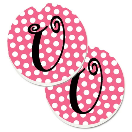 

Carolines Treasures CJ1001-UCARC Letter U Monogram - Pink Black Polka Dots Set of 2 Cup Holder Car Coasters Large