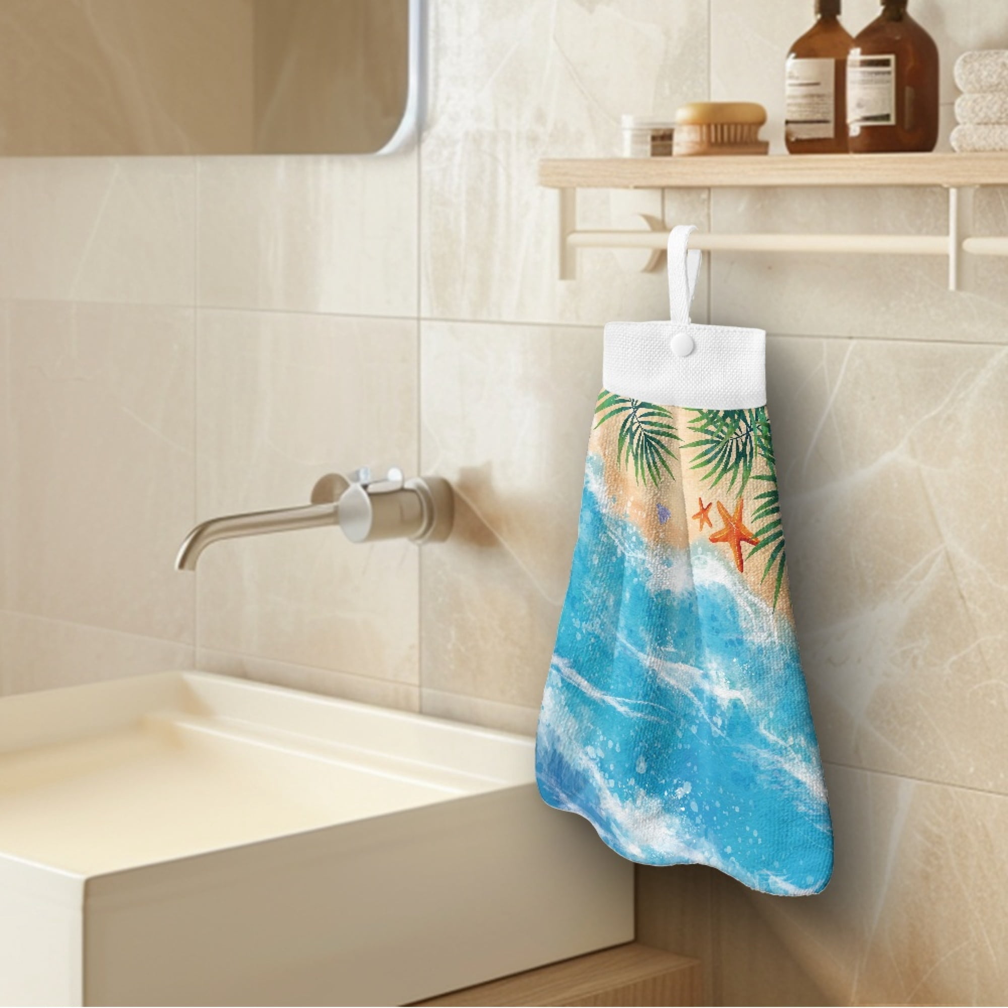 ZIATUBLE Beach Ocean Bathroom Hand Towels Starfish Dish Towels for Kitchen Drying Machine Washable Hanging Dual-Purpose Hand Towel Easy to Install Hanging Tie Towels Tea Towels