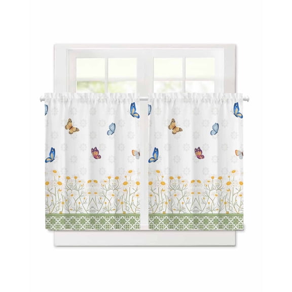 Spring Daisy Flower Short Blackout Curtains 24 Inch Long Blue Butterflies Green Floral Plaid Rod Pocket Kitchen Curtains, 2 Panels Thermal Insulated Darkening Drapes for Bedroom, 30"W x36"L