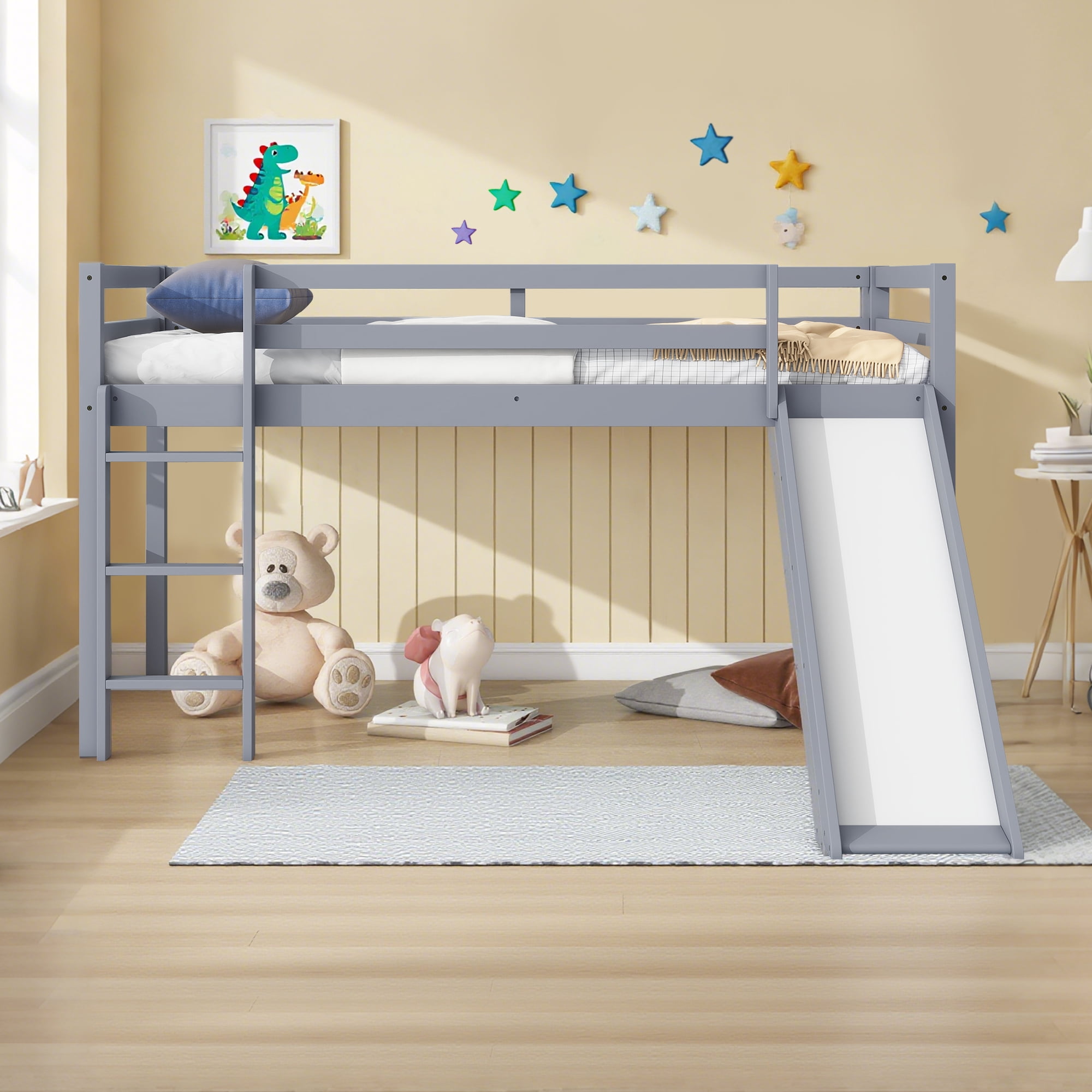 Miniyam Twin Size Kids Loft Bed with Slide, Guardrails, Pale Gray