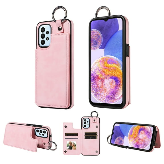 Mantto Design for Samsung Galaxy A23 4G PU Leather Wallet Phone Case with Kickstand Card Holder Slots Metal Ring Double Magnetic Clasp Back Flip Folio Protective Cover for Women Men,Rosegold