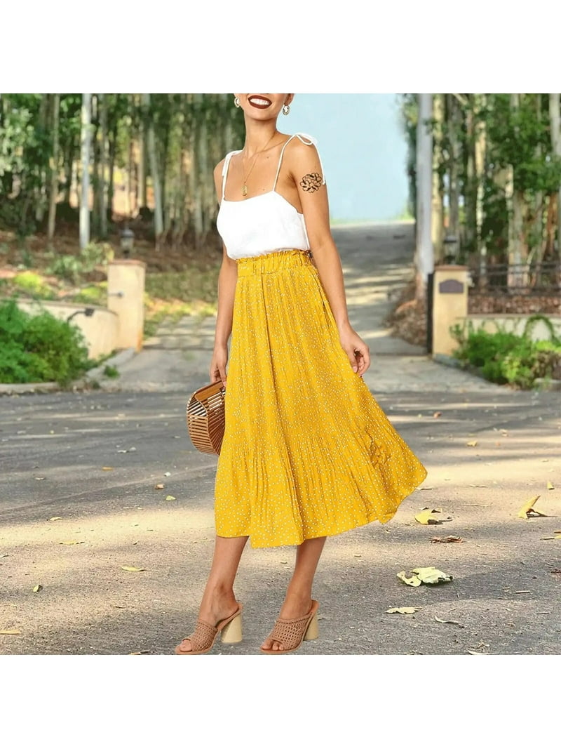 Fantaslook Midi Pleated Polka Dot Skirt for Women High Waist