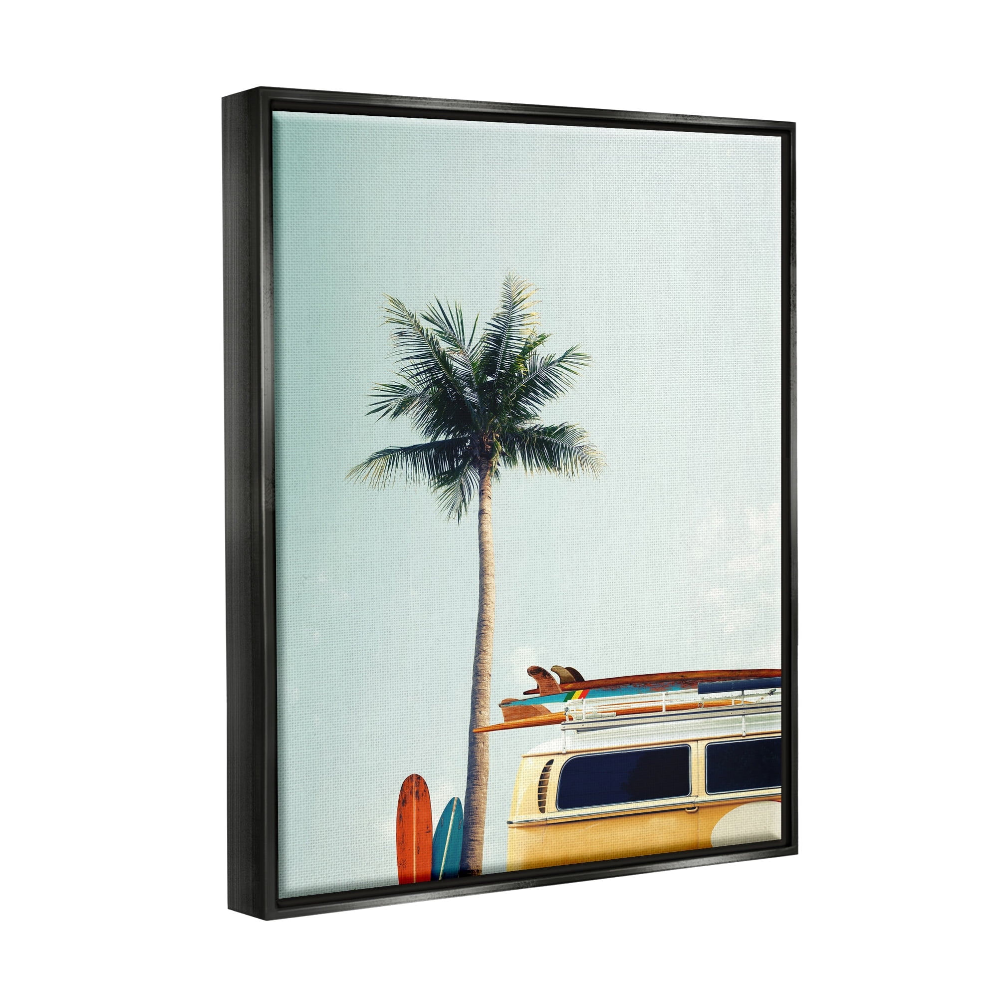 Stupell Industries Surf Bus Yellow With Palm Tree Photography Jet Black Framed Floating Canvas Wall Art, 24x30, by Design Fabrikken