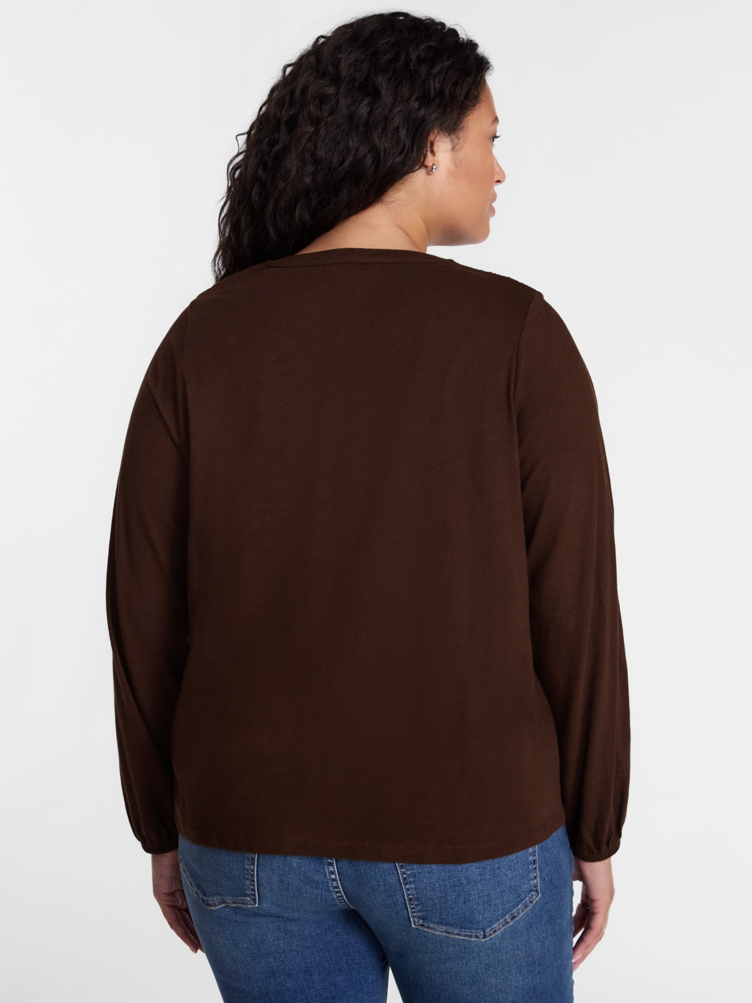 Terra & Sky Women's Plus Smocked Yoke Top with Long Sleeves, Sizes 0X-5X