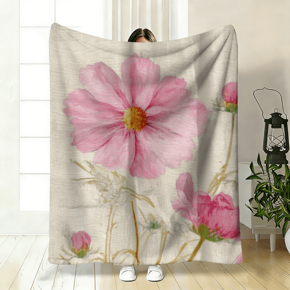 Pink Flower Scene Flannel Blanket, Soft Warm Lightweight Throw, Cozy Bedspread for Sofa Bed, Perfect Gift