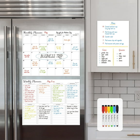 Clever Clean Non-Magnetic Calendar Set - Dry Erase Monthly Calendar, Weekly Planner and Blank Whiteboard Stick to Fridge, Smooth Wall, Cabinets and Glass. Ideal for Meal Planning,to Do,Grocery List.