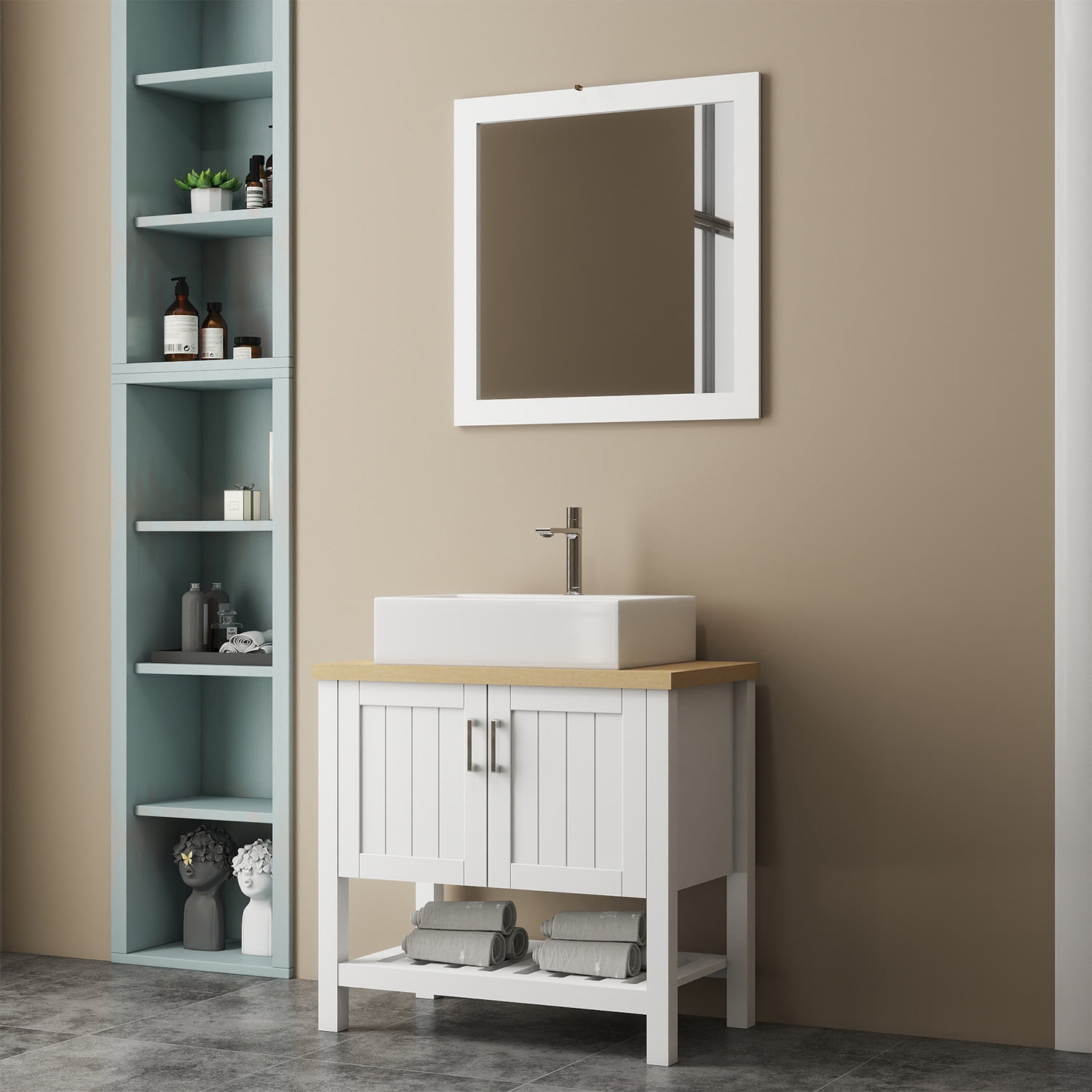 Demi Bonn 32" Bathroom Vanities Cabinet with Sink, Doors, Open Shelf and Mirror, Single Bathroom Vanity Cabinet, Faucets and Drains Not Included, White