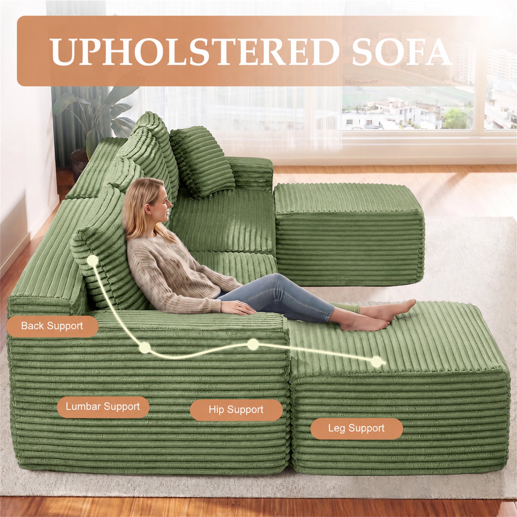 Aukfa 115" Cloud Sectional Sofa U Shape Modular Boneless Couch for Living Room, 2 Ottoman&Pillows, Corduroy, Green